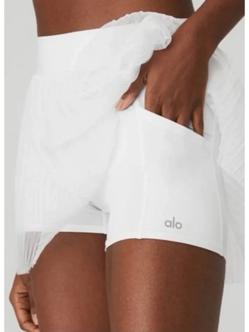 Alo Mesh Flirty Tennis Skirt White Sheer Transparent See-Through Pleated Skort